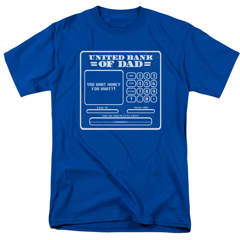 Royal blue short-sleeved t-shirt featuring an ATM screen graphic with the text 'UNITED BANK OF DAD' in light blue at the top.