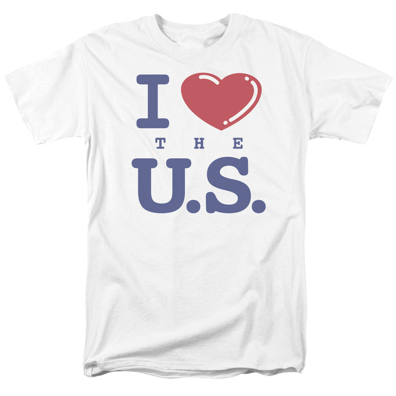 White short-sleeve t-shirt with a blue 'I' and red heart, followed by 'THE U.S.' in blue lettering below, reading 'I ♥ THE U.S.'