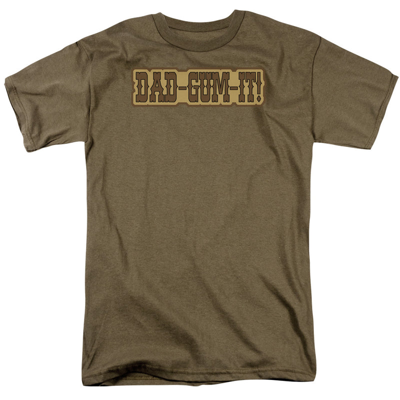Olive green short-sleeved t-shirt featuring a western-style block logo with the text 'DAD-GUM-IT!' in brown on a tan banner across the chest.