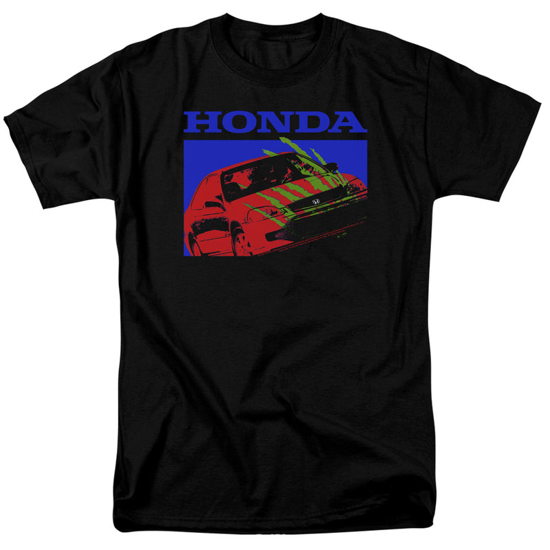 Black short-sleeved t-shirt featuring a red and green pop-art Honda Civic on a blue panel with the text 'HONDA' in blue above it.
