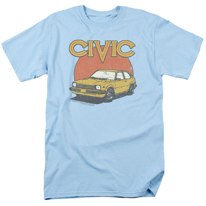 Light blue short-sleeved t-shirt featuring a yellow Civic hatchback in front of an orange sun with the text 'CIVIC' in yellow above it.