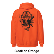 Back view of orange hoodie featuring a black Joe Staton illustration of Svengoolie and Gwengoolie dancing in a vintage nightclub scene with the text 'Svengoolie' in black below it.