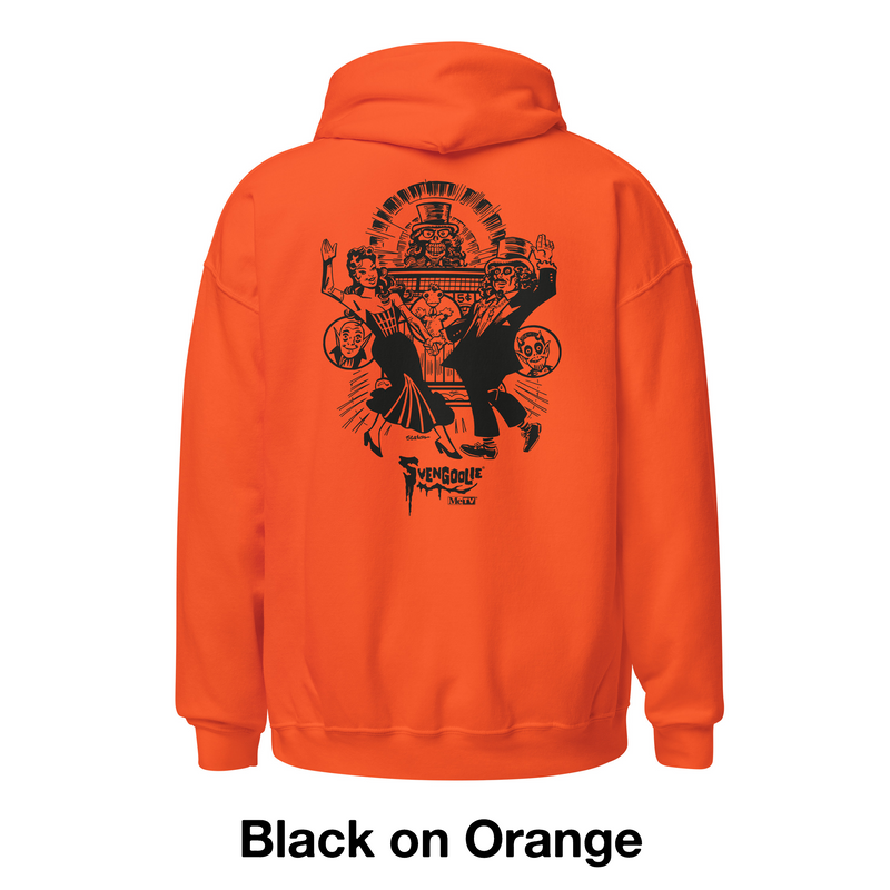 Back view of orange hoodie featuring a black Joe Staton illustration of Svengoolie and Gwengoolie dancing in a vintage nightclub scene with the text 'Svengoolie' in black below it.