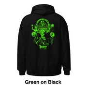 Back view of black hoodie featuring a green Joe Staton illustration of Svengoolie and Gwengoolie dancing in a vintage nightclub scene with the text 'Svengoolie' in green below it.