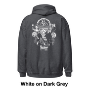 Back view of dark grey hoodie featuring a white Joe Staton illustration of Svengoolie and Gwengoolie dancing in a vintage nightclub scene with the text 'Svengoolie' in white below it.