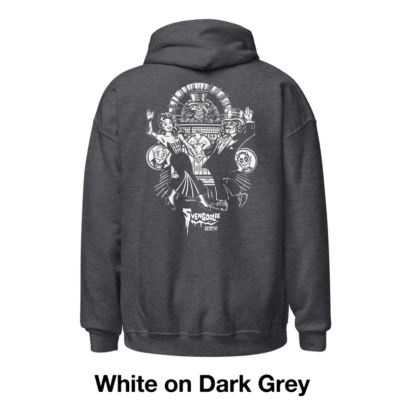 Back view of dark grey hoodie featuring a white vintage illustration of Svengoolie and Gwengoolie dancing and images of other Sven Squad members with the text 'Svengoolie' in white below it.