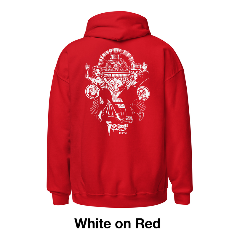 Back view of red hoodie featuring a white Joe Staton illustration of Svengoolie and Gwengoolie dancing in a vintage nightclub scene with the text 'Svengoolie' in white below it.