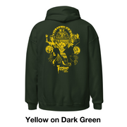 Back view of forest green hoodie featuring a yellow Joe Staton illustration of Svengoolie and Gwengoolie dancing in a vintage nightclub scene with the text 'Svengoolie' in yellow below it.