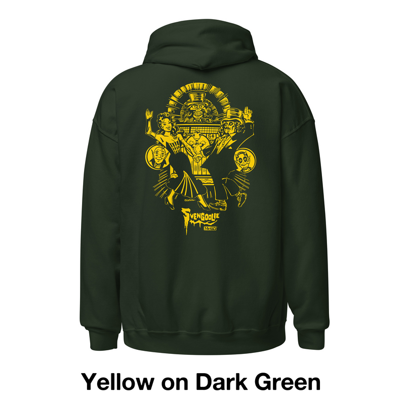 Back view of forest green hoodie featuring a yellow Joe Staton illustration of Svengoolie and Gwengoolie dancing in a vintage nightclub scene with the text 'Svengoolie' in yellow below it.