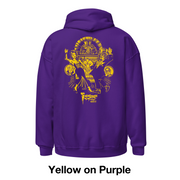 Back view of purple hoodie featuring a yellow Joe Staton illustration of Svengoolie and Gwengoolie dancing in a vintage nightclub scene with the text 'Svengoolie' in yellow below it.