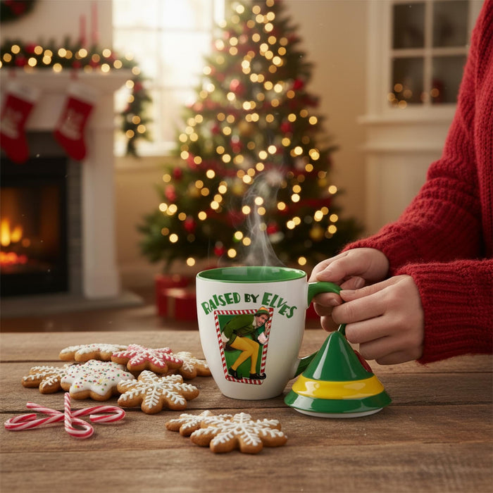 Elf - "Raised by Elves" 16 Ounce Ceramic Mug with Lid