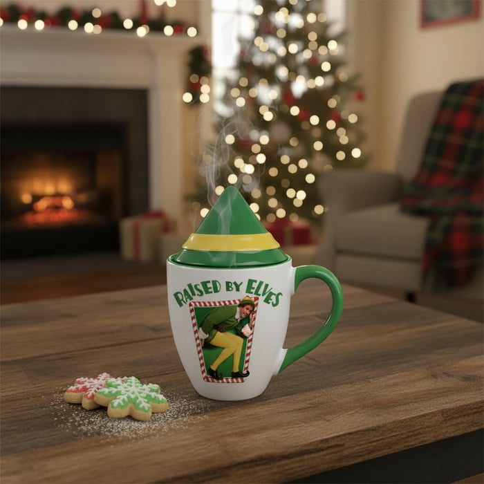 Elf - "Raised by Elves" 16 Ounce Ceramic Mug with Lid