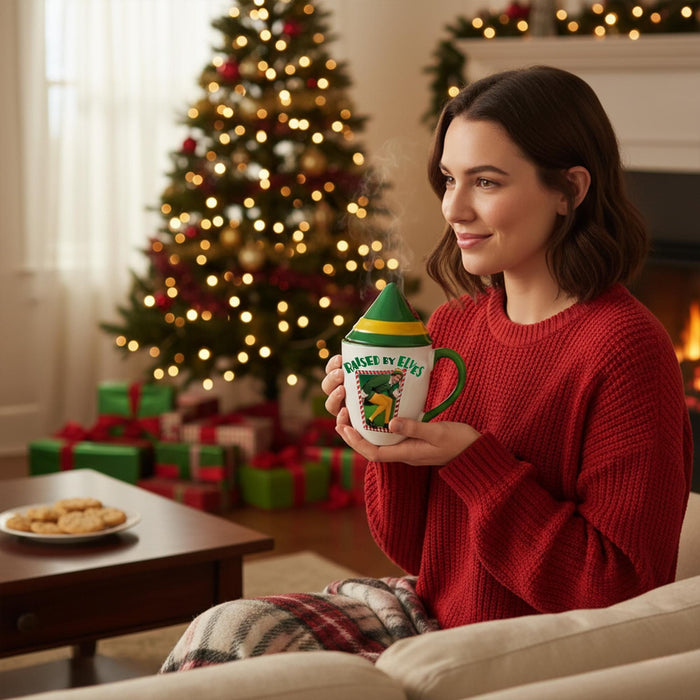 Elf - "Raised by Elves" 16 Ounce Ceramic Mug with Lid