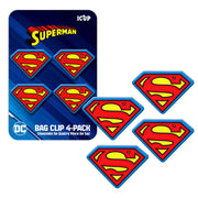 Red, yellow, and blue Superman shield bag clips 4-pack.