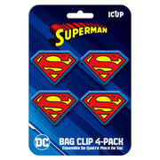 Front of the blister card for Superman bag clip 4-pack showing four shield clips and the text 'BAG CLIP 4-PACK' in white at bottom.