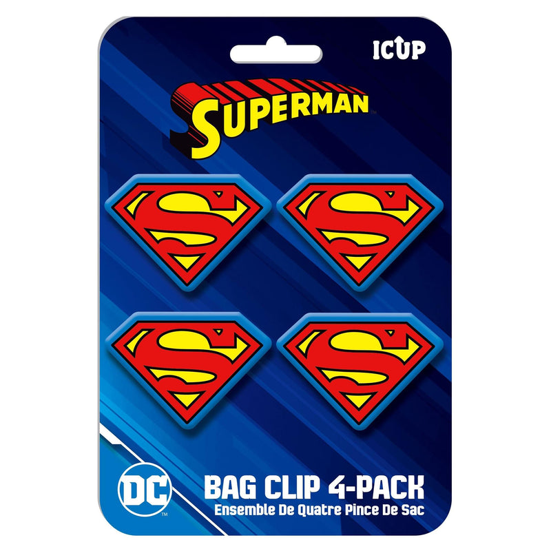 Front of the blister card for Superman bag clip 4-pack showing four shield clips and the text 'BAG CLIP 4-PACK' in white at bottom.