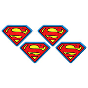 Four loose Superman shield bag clips arranged on a white background, each with a blue border.