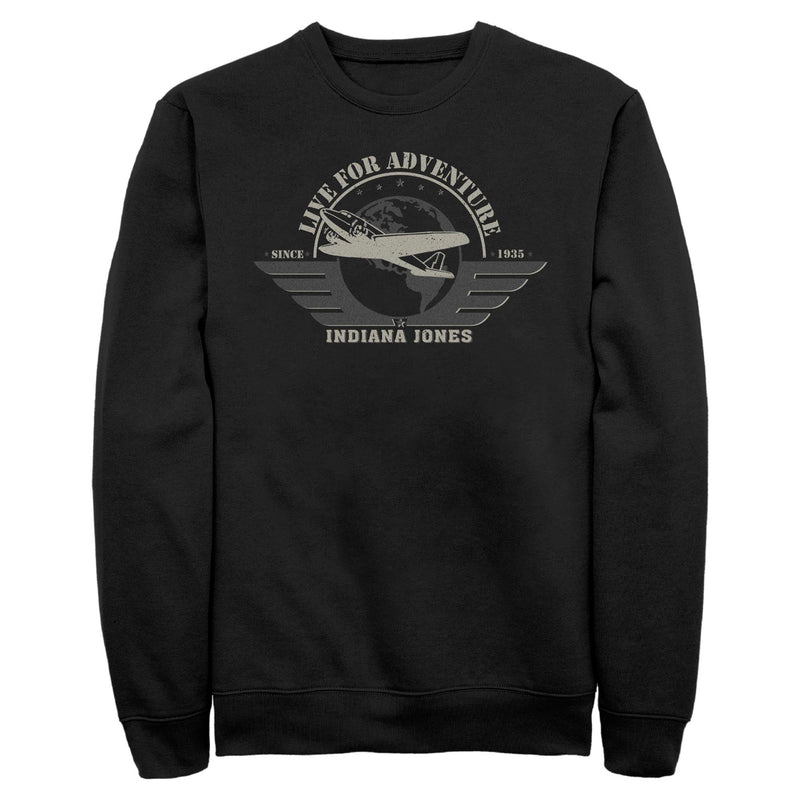 Black sweatshirt featuring an Indiana Jones aviation badge with a gray airplane over a globe, with the text 'Live for Adventure' above.