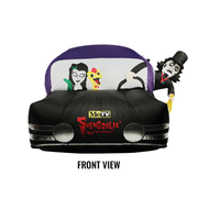 Front view of inflatable hearse yard decoration with Svengoolie driving and the Sven Squad inside.