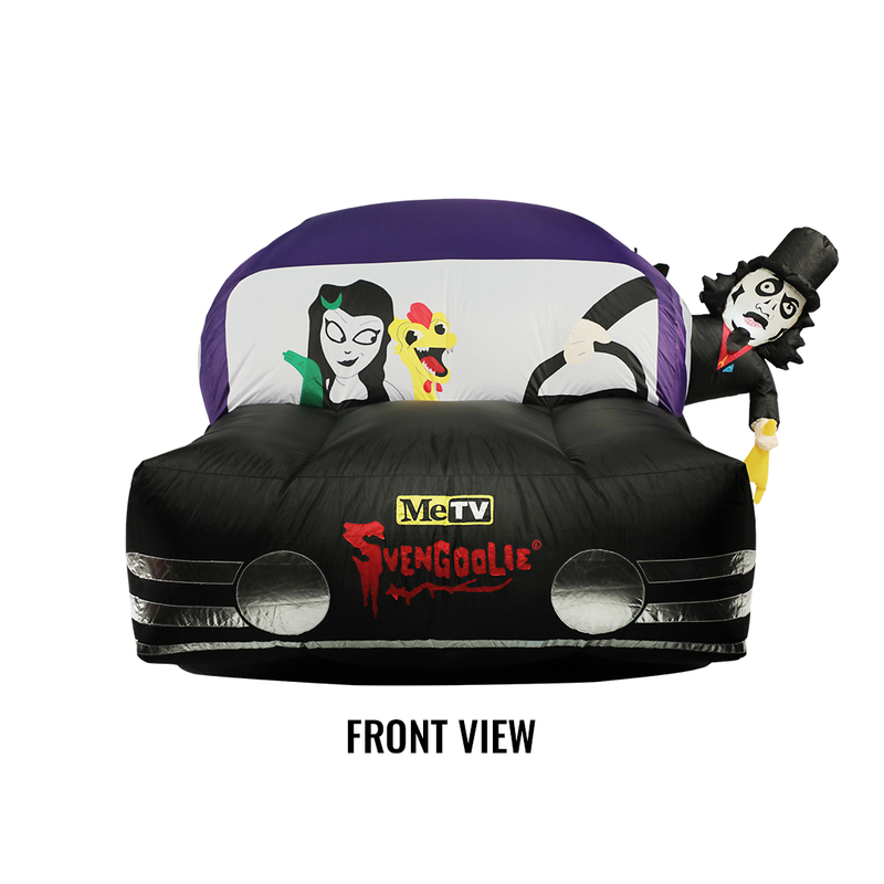 Front view of inflatable hearse yard decoration with Svengoolie driving and the Sven Squad inside.