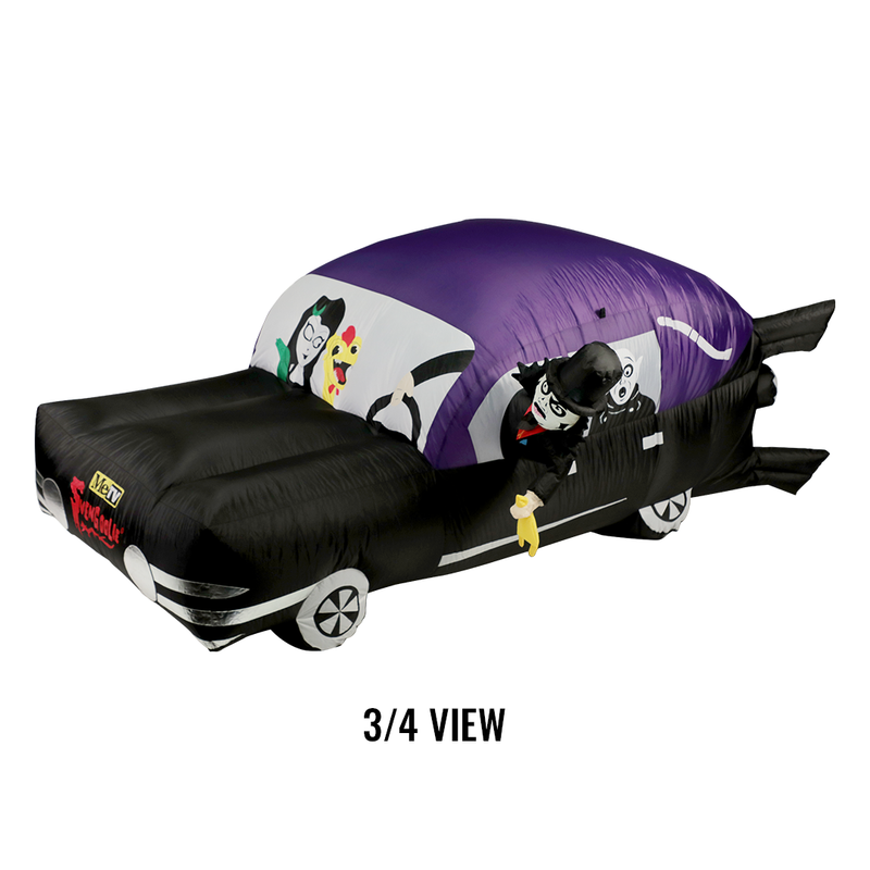 Right three-quarter view of inflatable hearse yard decoration with Svengoolie driving and the Sven Squad inside.