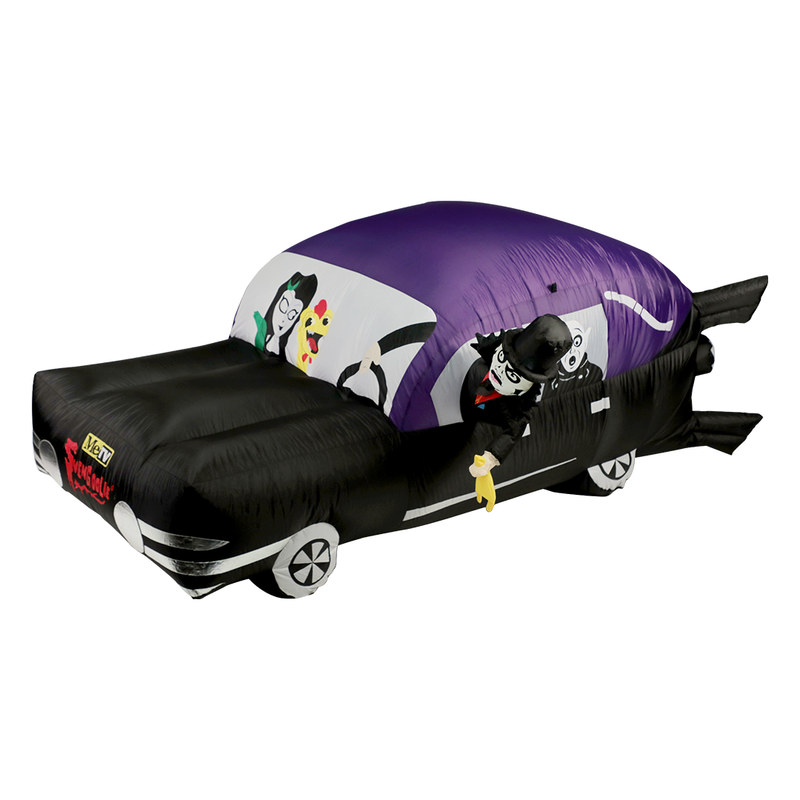 Three-quarter view of inflatable hearse yard decoration with Svengoolie driving and the Sven Squad inside.