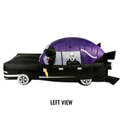 Left side view of inflatable hearse yard decoration with Svengoolie driving and the Sven Squad inside.