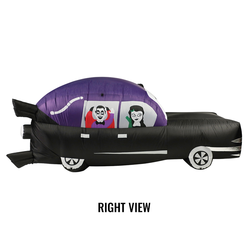 Right side view of inflatable hearse yard decoration with Svengoolie driving and the Sven Squad inside.
