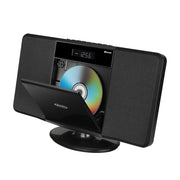 Angled view of the black Jensen music system with its CD tray open and a disc loaded inside.