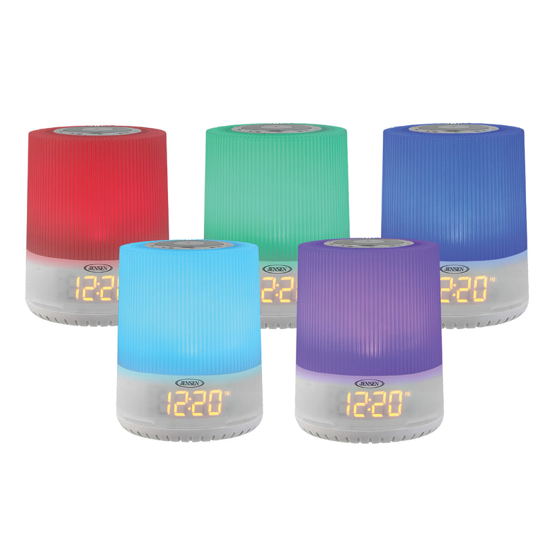 Five color options of the Jensen mood lamp clock radio glowing red, green, blue, light blue, and purple, each with an amber digital clock