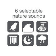 Graphic of six selectable nature sounds for the Jensen clock radio with the text '6 selectable nature sounds' above bird, waves, waterfall, wind chimes, night, and thunderstorm icons