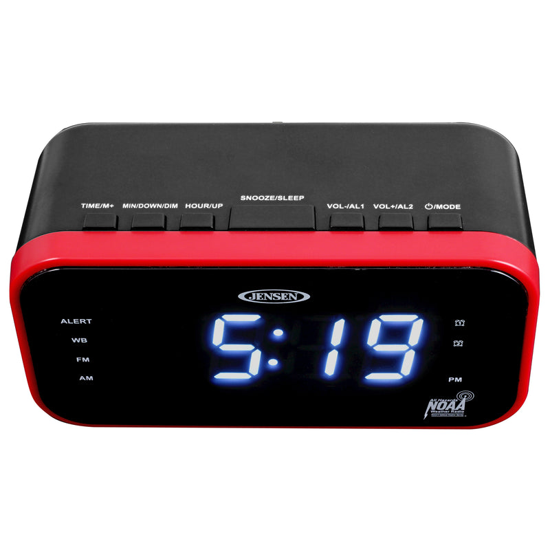 Front view of the black and red Jensen clock radio showing a blue LED display and control buttons along the top edge.