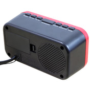 Back of the Jensen clock radio showing the round speaker grille, the battery compartment, a power cord, and a caution label.