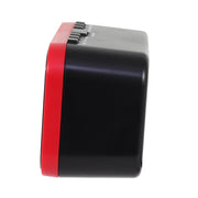 Side view of the Jensen clock radio showing the red front trim edge and black casing with buttons along the top.