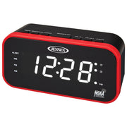 Angled front view of a black and red clock radio with a white LED display and the Jensen logo in white above it.