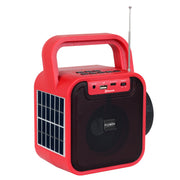 Left side of the red Jensen portable radio showing the solar charging panel built into the side, with the carry handle and antenna visible.