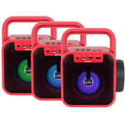 Three red Jensen portable radio speakers side by side, each showing a different speaker light color: green, blue, and purple.