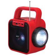 Angled view of red portable radio speaker with a side flashlight and telescoping antenna, the Jensen logo on the front, and 'Bluetooth' in white on the top panel.