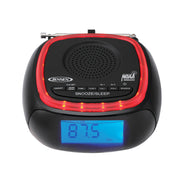 Front of Jensen clock radio showing the blue display tuned to FM 87.5 MHz and the NOAA Weather Radio logo on the top right.