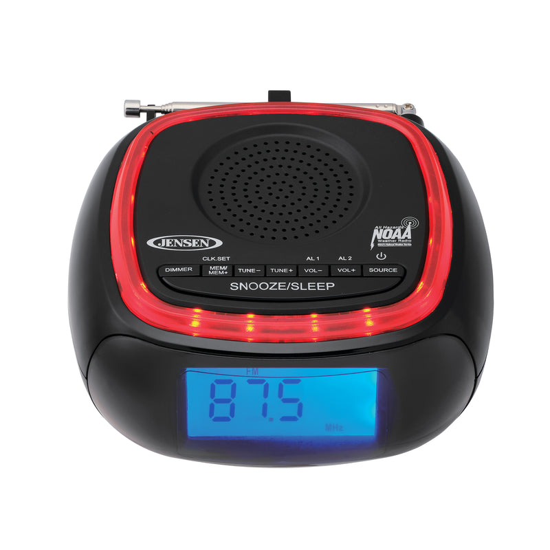 Front of Jensen clock radio showing the blue display tuned to FM 87.5 MHz and the NOAA Weather Radio logo on the top right.