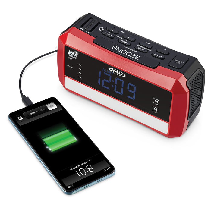 Jensen Digital AM/FM Weather Band Alarm Clock Radio with NOAA Weather Alert and Flashlight