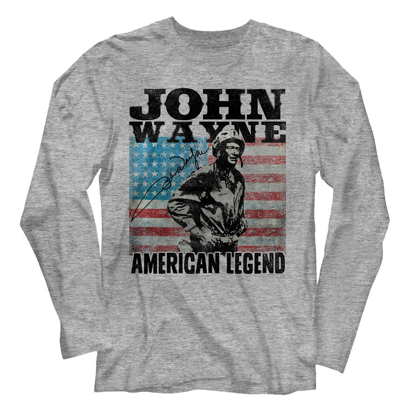 Heather gray long-sleeved shirt featuring a photo of John Wayne over an American flag with the text 'JOHN WAYNE' above and 'AMERICAN LEGEND' below