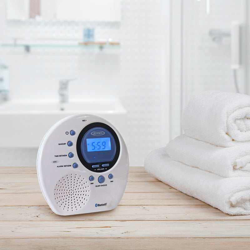 Jensen Water Resistant Digital AM/FM Bluetooth Shower Clock Radio with Digital Tuning