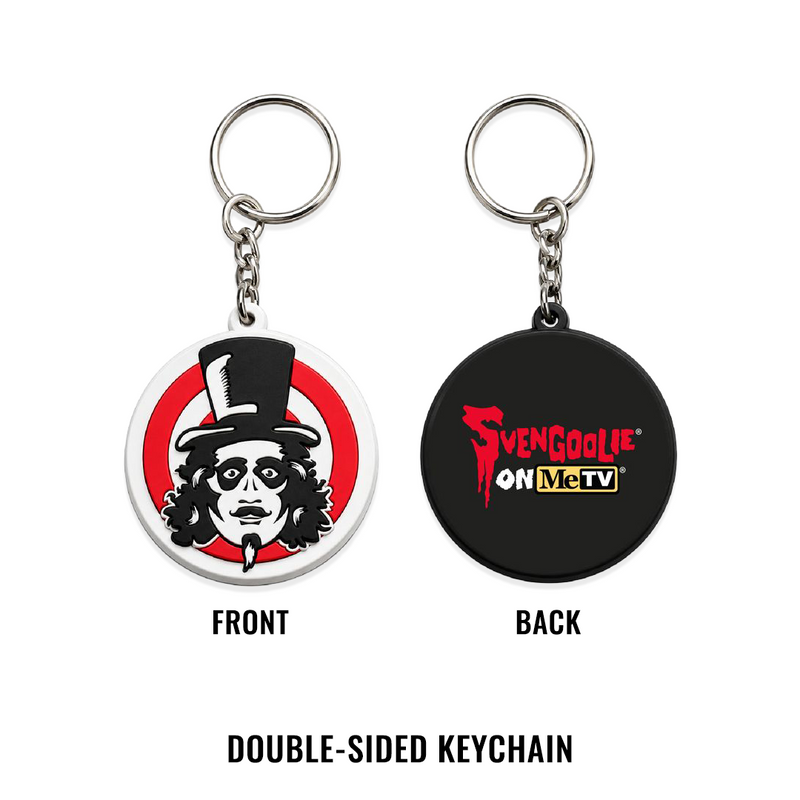 Double-sided keychain shown front and back on a white background. The front side features a Svengoolie target face logo, and the back side is black with red and yellow 'Svengoolie on MeTV' text.