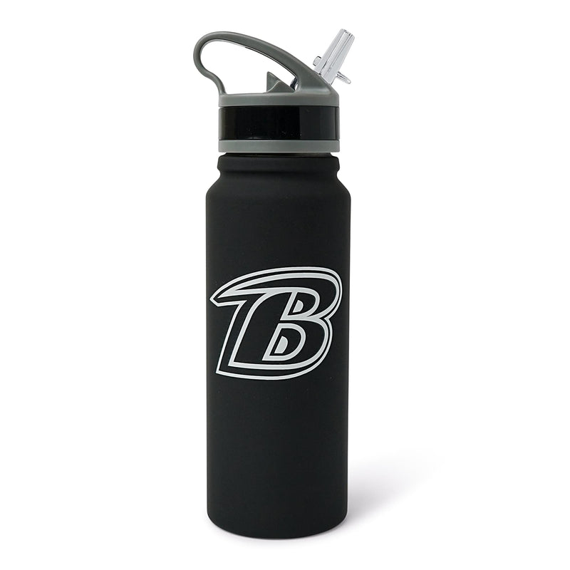 Black stainless steel water bottle with a gray flip-top straw lid featuring a large white Baltimore Ravens B logo on the front.
