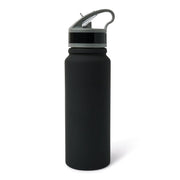 Back view of the black Baltimore Ravens water bottle showing the plain side with no logo and the gray flip-top lid.