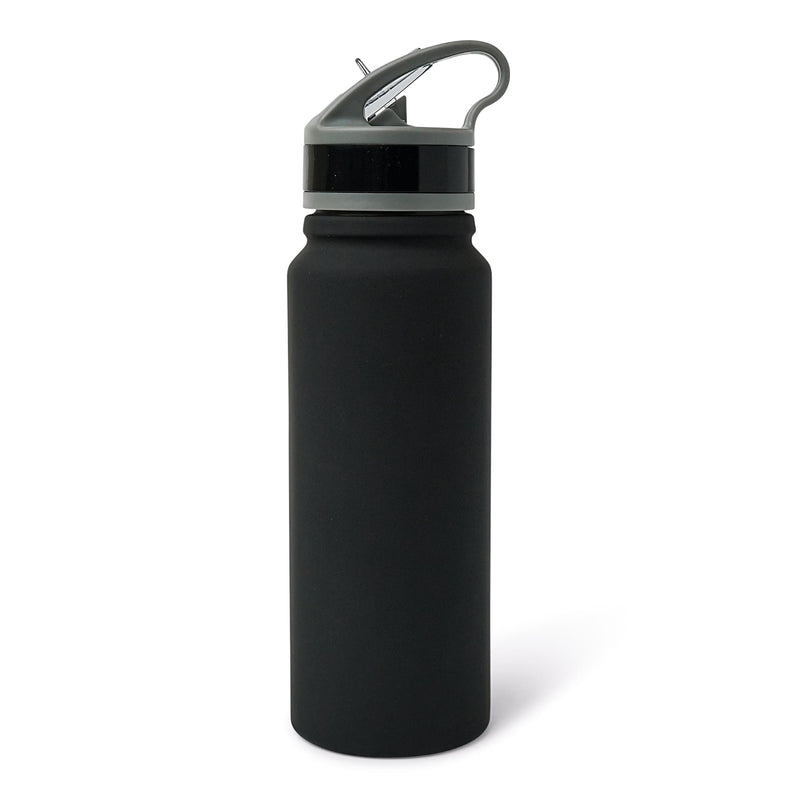 Back view of the black Baltimore Ravens water bottle showing the plain side with no logo and the gray flip-top lid.