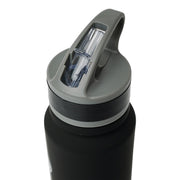Close-up of the gray flip-top lid on the Baltimore Ravens water bottle, showing the clear straw inside the open spout.