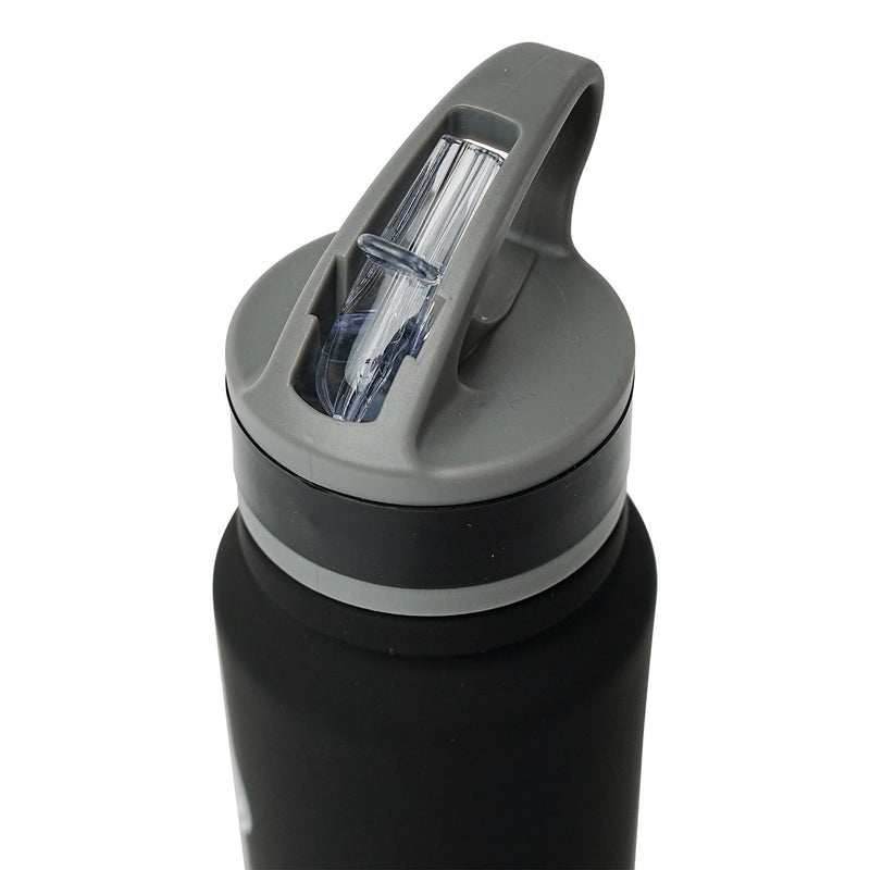 Close-up of the gray flip-top lid on the Baltimore Ravens water bottle, showing the clear straw inside the open spout.
