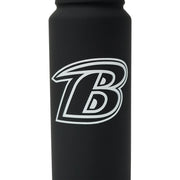 Close-up of the white Baltimore Ravens B logo printed on the matte black body of the water bottle.